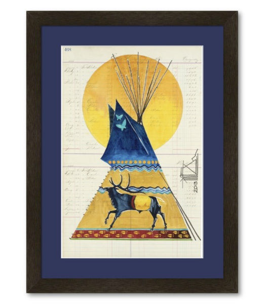 Fine Art Print) Watercolor on Antique Ledger Paper ~ Elk Lodge