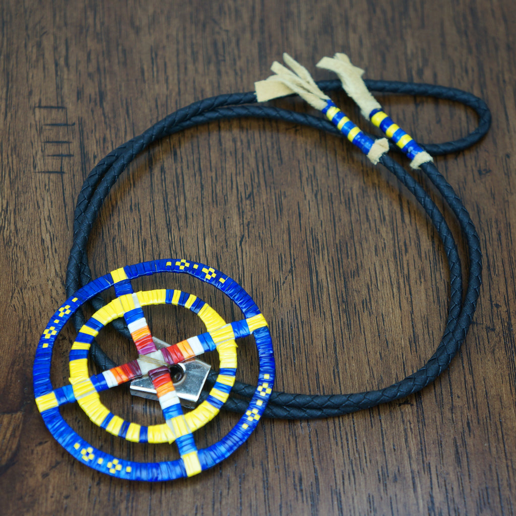 Red Cloud Quillwork - Bolo Tie - Blue & Yellow