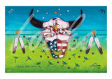 Giclee print of blue and green painting with buffalo skull and feathers