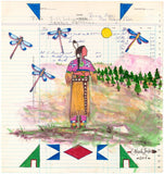 Ledger art with woman, hills and dragonflies