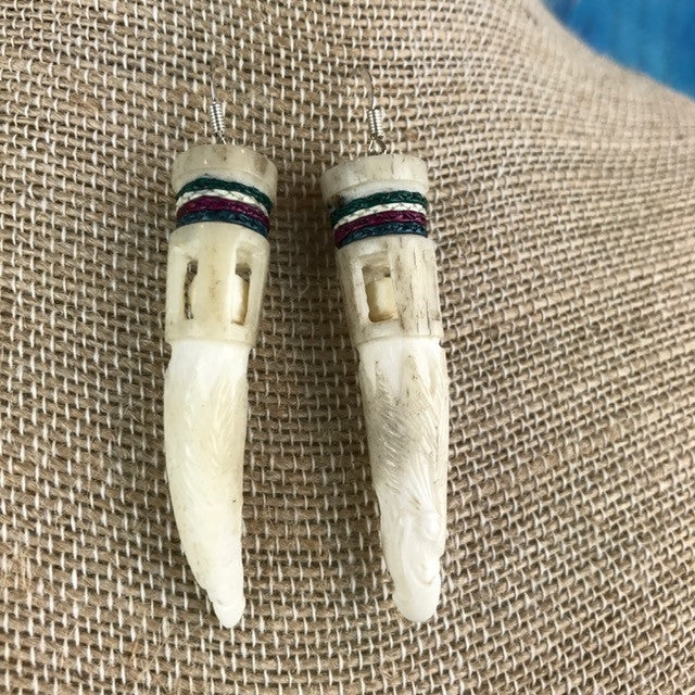 Carved Antler Eagle Fetish Earrings with Ball and Quills