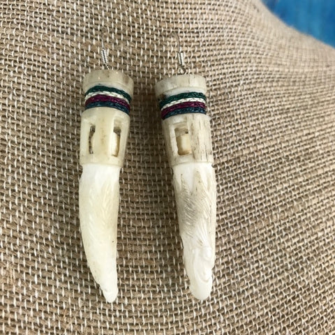 Carved Antler Eagle Fetish Earrings with Ball and Quills