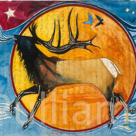 Original Watercolor on Antique Ledger Paper ~ Water Elk