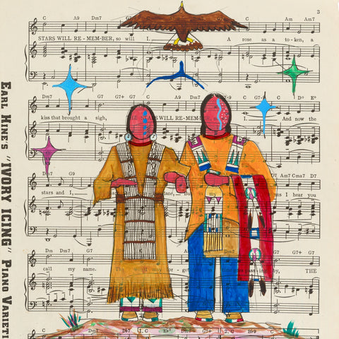 (Fine Art Print) Ledger Art on Antique Sheet Music ~ Great Stars of Wings