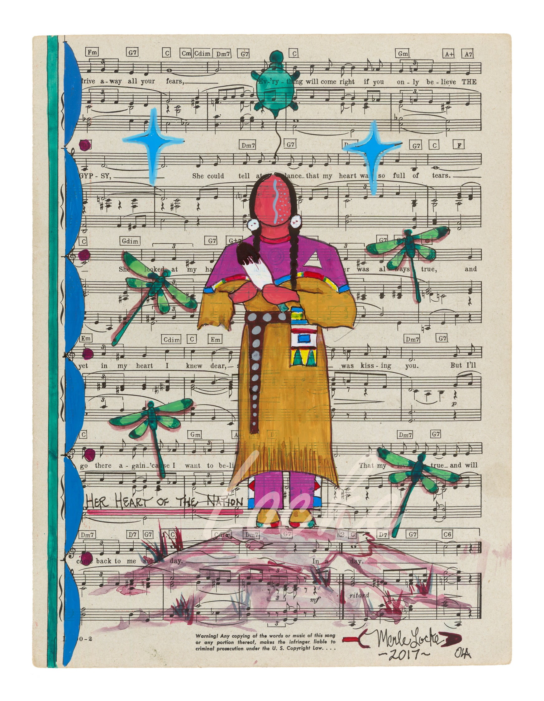 Fine Art Print) Ledger Art on Antique Sheet Music ~ Her Heart of