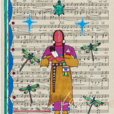 (Fine Art Print) Ledger Art on Antique Sheet Music ~ Her Heart of the Nation