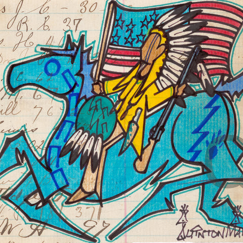 (Fine Art Print) Ledger Art - Flag and Blue Horse