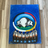 Original Pastel Drawing by Kevin Poor Bear -white buffalo in medicine wheel with blue background