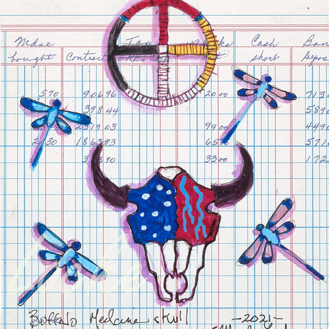 (Fine Art Print) Ledger Art - Buffalo Medicine Skull